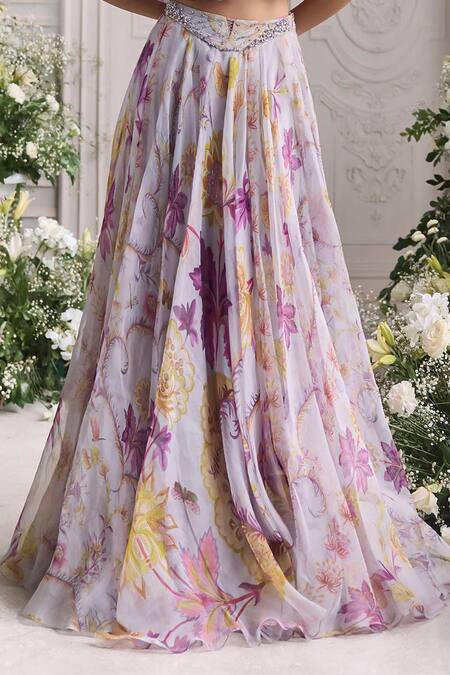 Mahima Mahajan_Lilac Silk Organza Sequins, Iman Floral Printed Ruffled Blouse And Lehenga Set _Online_at_Aza_Fashions