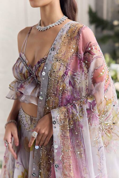 Buy_Mahima Mahajan_Lilac Silk Organza Sequins, Iman Floral Printed Ruffled Blouse And Lehenga Set _Online_at_Aza_Fashions