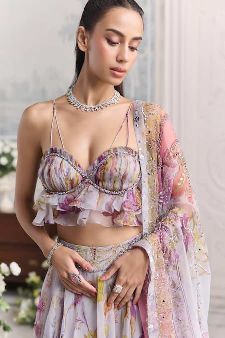 Shop_Mahima Mahajan_Lilac Silk Organza Sequins, Iman Floral Printed Ruffled Blouse And Lehenga Set _Online_at_Aza_Fashions