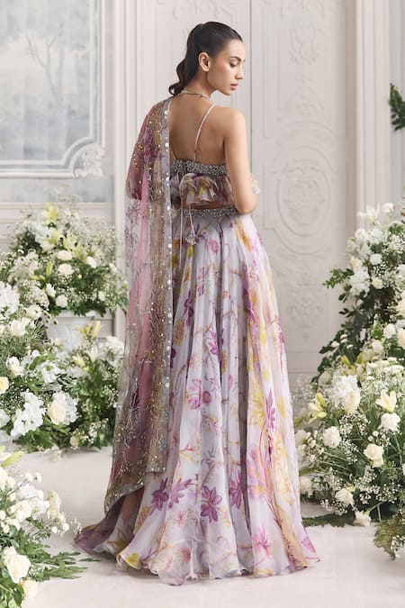 Shop_Mahima Mahajan_Lilac Silk Organza Sequins, Iman Floral Printed Ruffled Blouse And Lehenga Set _at_Aza_Fashions