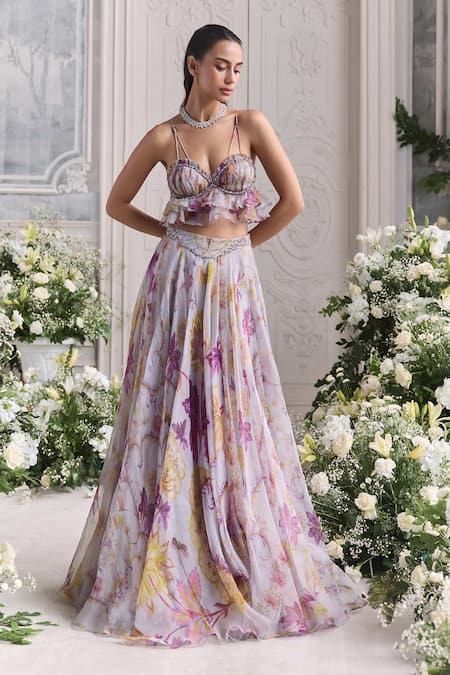 Mahima Mahajan_Lilac Silk Organza Sequins, Iman Floral Printed Ruffled Blouse And Lehenga Set _at_Aza_Fashions