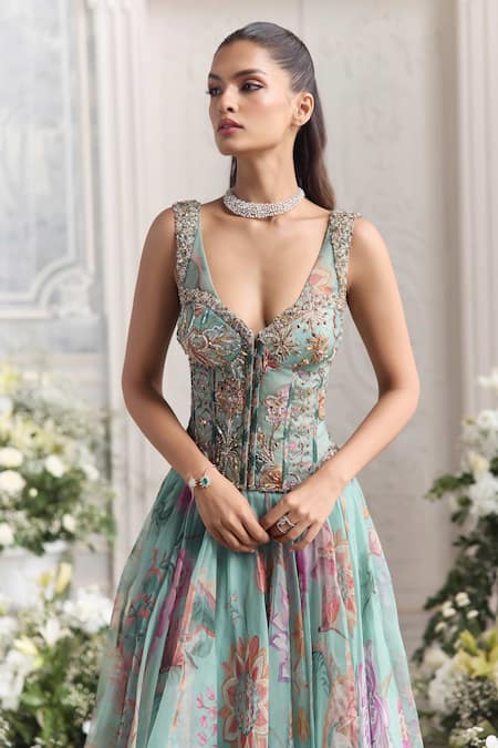 Mahima Mahajan_Green Silk Organza Embroidery, Sequins, Beads Samira Floral Print Anarkali Set  _Online_at_Aza_Fashions