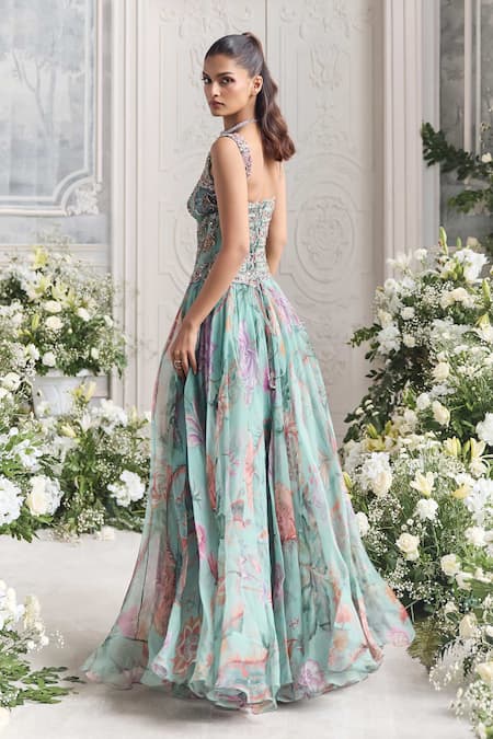 Buy_Mahima Mahajan_Green Silk Organza Embroidery, Sequins, Beads Samira Floral Print Anarkali Set  _Online_at_Aza_Fashions