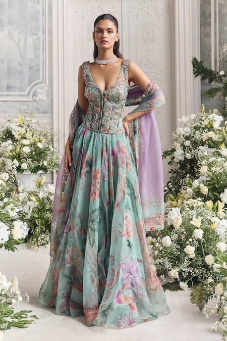 Shop_Mahima Mahajan_Green Silk Organza Embroidery, Sequins, Beads Samira Floral Print Anarkali Set  _Online_at_Aza_Fashions