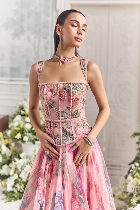 Mahima Mahajan_Pink Silk Organza Sequins, Embroidery, Zayna Floral Print Corset Lehenga Set  _Online_at_Aza_Fashions