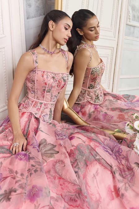 Buy_Mahima Mahajan_Pink Silk Organza Sequins, Embroidery, Zayna Floral Print Corset Lehenga Set  _Online_at_Aza_Fashions