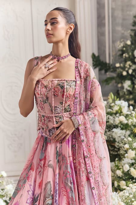 Shop_Mahima Mahajan_Pink Silk Organza Sequins, Embroidery, Zayna Floral Print Corset Lehenga Set  _Online_at_Aza_Fashions