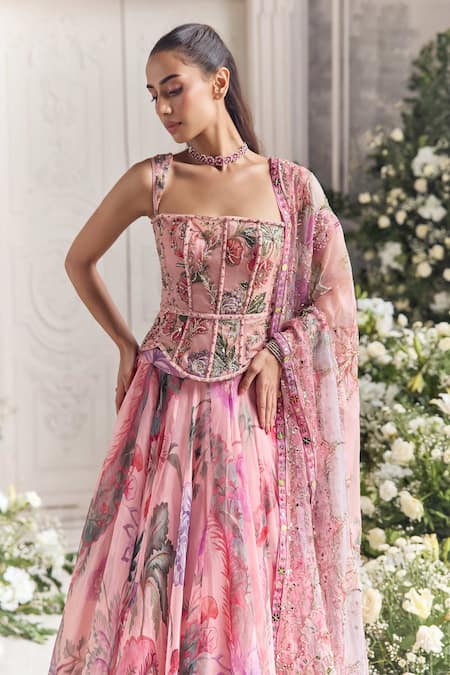 Mahima Mahajan_Pink Silk Organza Sequins, Embroidery, Zayna Floral Print Corset Lehenga Set  _at_Aza_Fashions
