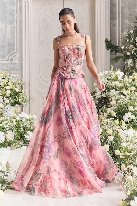 Buy_Mahima Mahajan_Pink Silk Organza Sequins, Embroidery, Zayna Floral Print Corset Lehenga Set  