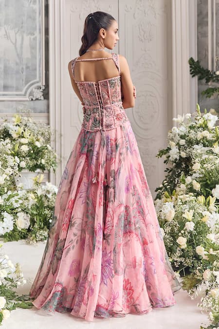 Shop_Mahima Mahajan_Pink Silk Organza Sequins, Embroidery, Zayna Floral Print Corset Lehenga Set  _at_Aza_Fashions