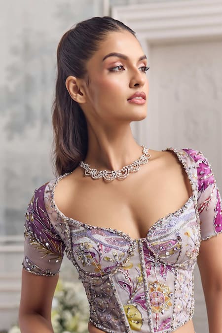 Mahima Mahajan_Lilac Silk Organza Sequins, Beads, Embroidery, Wafiya Printed Lehenga Set  _Online_at_Aza_Fashions