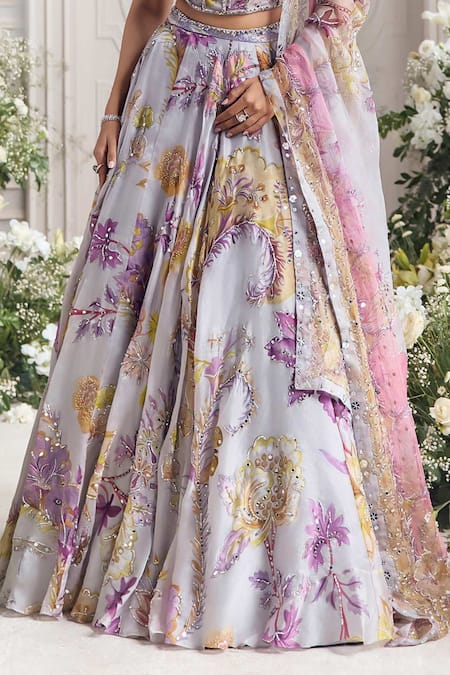 Buy_Mahima Mahajan_Lilac Silk Organza Sequins, Beads, Embroidery, Wafiya Printed Lehenga Set  _Online_at_Aza_Fashions