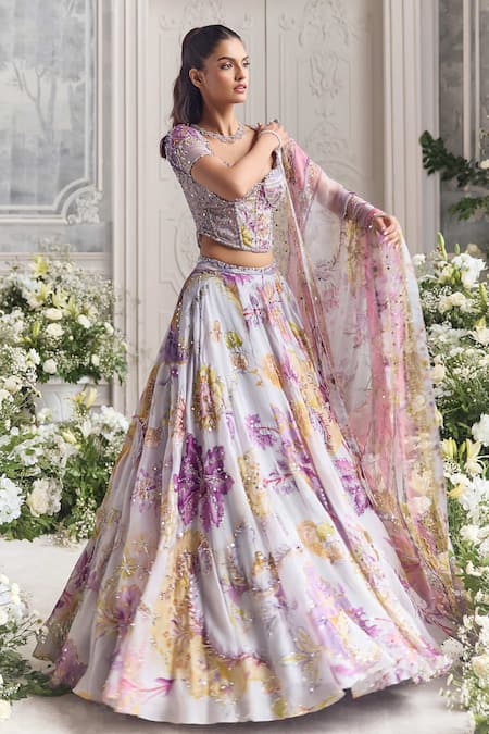 Shop_Mahima Mahajan_Lilac Silk Organza Sequins, Beads, Embroidery, Wafiya Printed Lehenga Set  _Online_at_Aza_Fashions