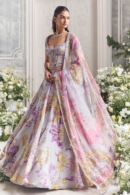 Buy_Mahima Mahajan_Lilac Silk Organza Sequins, Beads, Embroidery, Wafiya Printed Lehenga Set  