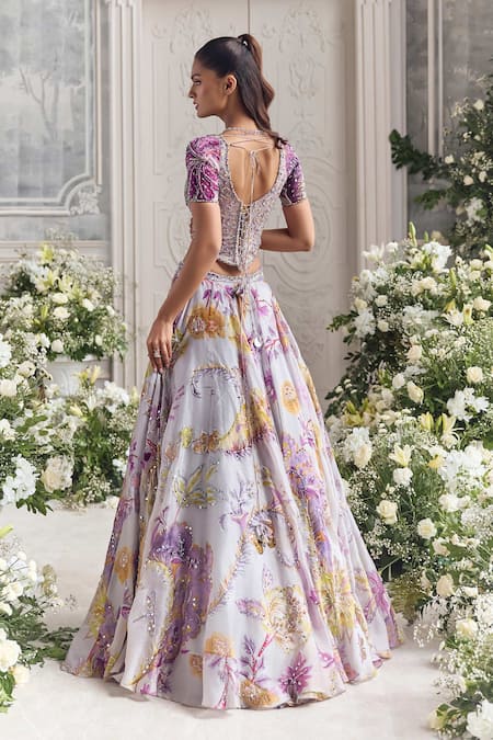 Shop_Mahima Mahajan_Lilac Silk Organza Sequins, Beads, Embroidery, Wafiya Printed Lehenga Set  _at_Aza_Fashions