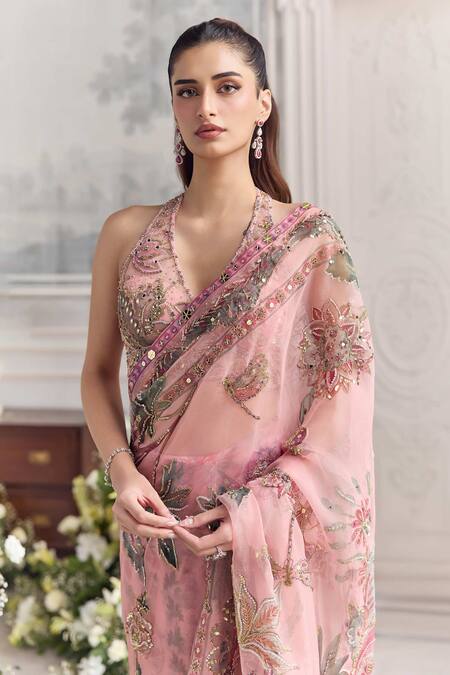 Mahima Mahajan_Pink Silk Organza Embroidery, Sequins, Itr Floral Pre-draped Saree With Blouse _Online_at_Aza_Fashions