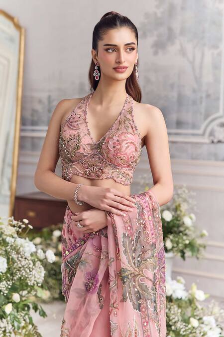 Buy_Mahima Mahajan_Pink Silk Organza Embroidery, Sequins, Itr Floral Pre-draped Saree With Blouse _Online_at_Aza_Fashions