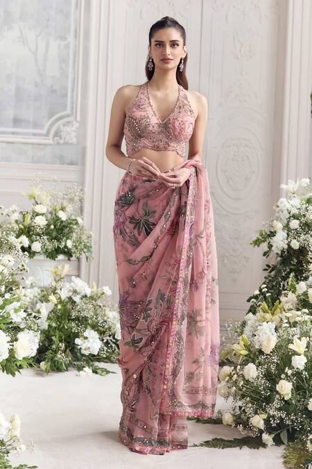 Mahima Mahajan_Pink Silk Organza Embroidery, Sequins, Itr Floral Pre-draped Saree With Blouse _at_Aza_Fashions