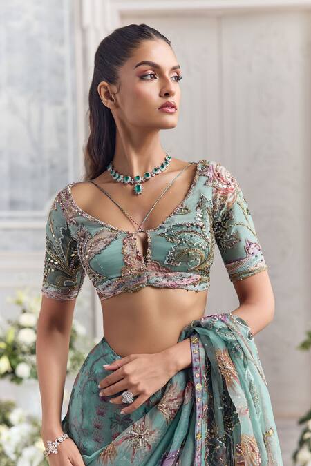 Mahima Mahajan_Green Silk Organza Sequins, Embroidery, Zari, Uzma Pre-draped Saree With Blouse _Online_at_Aza_Fashions