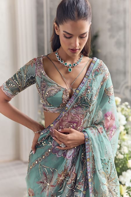 Buy_Mahima Mahajan_Green Silk Organza Sequins, Embroidery, Zari, Uzma Pre-draped Saree With Blouse _Online_at_Aza_Fashions