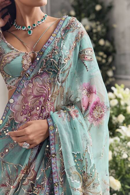 Shop_Mahima Mahajan_Green Silk Organza Sequins, Embroidery, Zari, Uzma Pre-draped Saree With Blouse _Online_at_Aza_Fashions