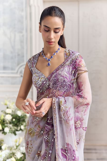 Mahima Mahajan_Purple Silk Organza Sequins, Farida Floral Pre-draped Saree And Blouse Set _Online_at_Aza_Fashions