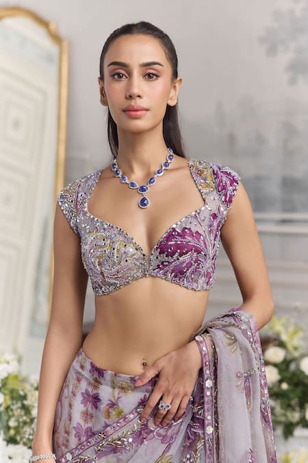 Buy_Mahima Mahajan_Purple Silk Organza Sequins, Farida Floral Pre-draped Saree And Blouse Set _Online_at_Aza_Fashions
