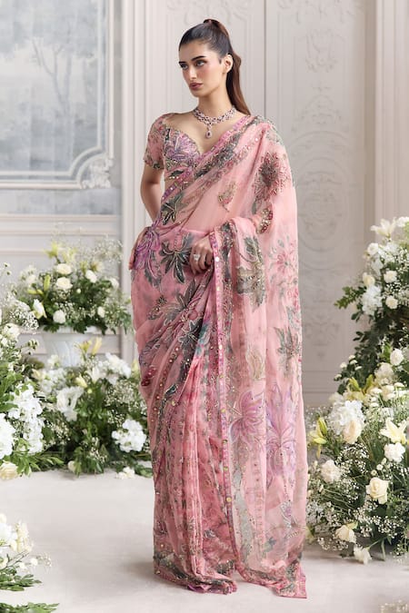 Shop_Mahima Mahajan_Pink Silk Organza Sequins, Stones, Chahat Pre-draped Saree With Blouse _Online_at_Aza_Fashions