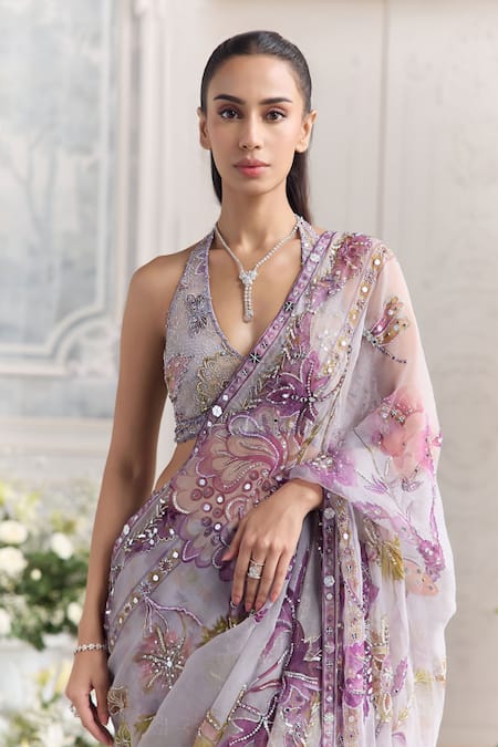 Buy_Mahima Mahajan_Lilac Silk Organza Sequins, Lina Floral Print Pre-draped Saree And Blouse Set _Online_at_Aza_Fashions
