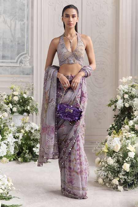 Shop_Mahima Mahajan_Lilac Silk Organza Sequins, Lina Floral Print Pre-draped Saree And Blouse Set _Online_at_Aza_Fashions
