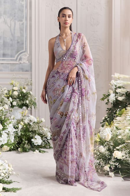 Mahima Mahajan_Lilac Silk Organza Sequins, Lina Floral Print Pre-draped Saree And Blouse Set _at_Aza_Fashions