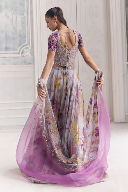 Shop_Mahima Mahajan_Lilac Silk Organza Embroidery, Sequins, Zari Sabah Floral Printed Lehenga Set _at_Aza_Fashions