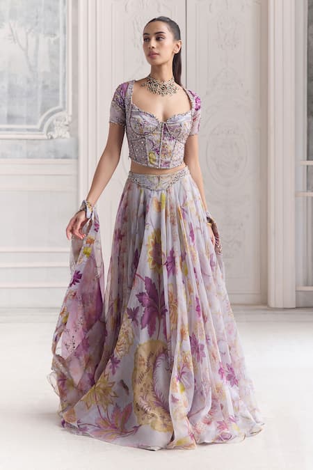 Mahima Mahajan_Lilac Silk Organza Embroidery, Sequins, Zari Sabah Floral Printed Lehenga Set _Online_at_Aza_Fashions