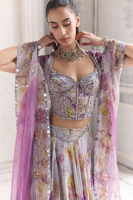 Shop_Mahima Mahajan_Lilac Silk Organza Embroidery, Sequins, Zari Sabah Floral Printed Lehenga Set _Online_at_Aza_Fashions