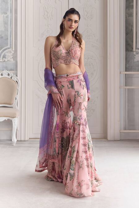 Mahima Mahajan_Pink Silk Organza Sequins, Beads, Metallic Viara Floral Blouse And Sharara Set _Online_at_Aza_Fashions