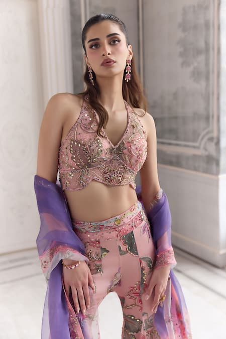 Buy_Mahima Mahajan_Pink Silk Organza Sequins, Beads, Metallic Viara Floral Blouse And Sharara Set _Online_at_Aza_Fashions