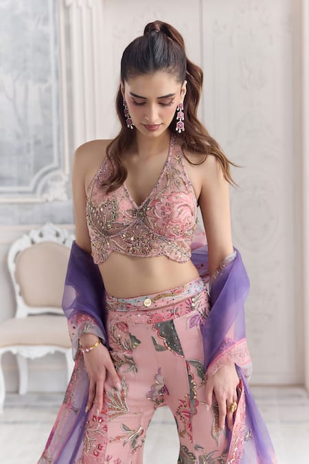 Shop_Mahima Mahajan_Pink Silk Organza Sequins, Beads, Metallic Viara Floral Blouse And Sharara Set _Online_at_Aza_Fashions