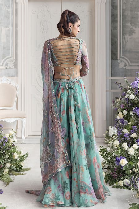 Shop_Mahima Mahajan_Green Silk Organza Embroidery, Sequins, Zari, Ayat Floral Printed Lehenga Set  _at_Aza_Fashions