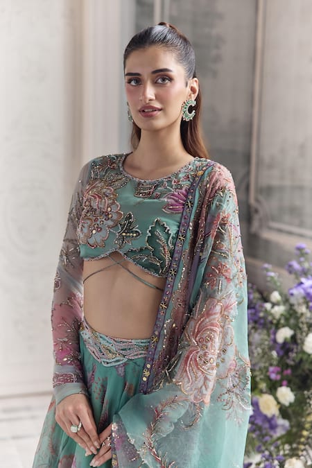 Buy_Mahima Mahajan_Green Silk Organza Embroidery, Sequins, Zari, Ayat Floral Printed Lehenga Set  _Online_at_Aza_Fashions