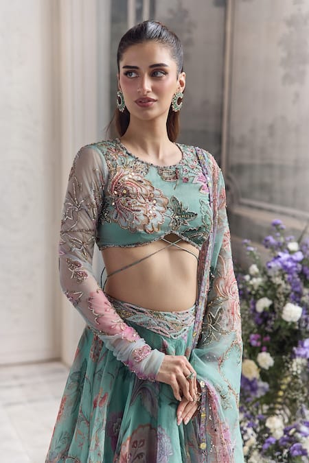 Shop_Mahima Mahajan_Green Silk Organza Embroidery, Sequins, Zari, Ayat Floral Printed Lehenga Set  _Online_at_Aza_Fashions