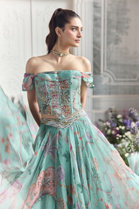 Buy_Mahima Mahajan_Green Silk Organza Foil Printing, Embroidery, Camila Floral Corset Lehenga Set _Online_at_Aza_Fashions