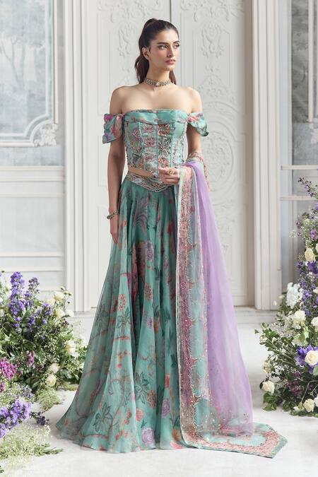 Shop_Mahima Mahajan_Green Silk Organza Foil Printing, Embroidery, Camila Floral Corset Lehenga Set _Online_at_Aza_Fashions