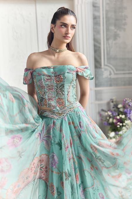Mahima Mahajan_Green Silk Organza Foil Printing, Embroidery, Camila Floral Corset Lehenga Set _at_Aza_Fashions
