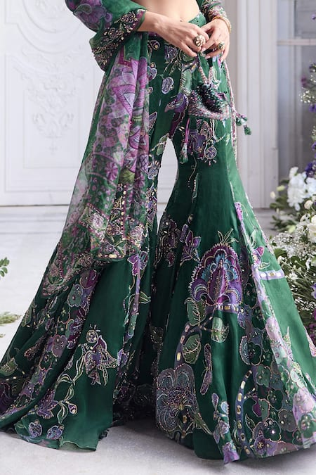 Mahima Mahajan_Green Silk Organza Sequins, Mirrors, Nora Floral Blouse And Sharara Set _Online_at_Aza_Fashions
