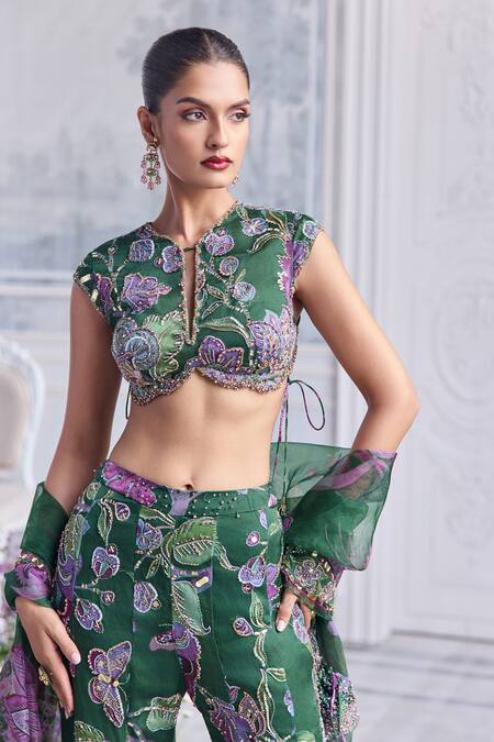 Buy_Mahima Mahajan_Green Silk Organza Sequins, Mirrors, Nora Floral Blouse And Sharara Set _Online_at_Aza_Fashions