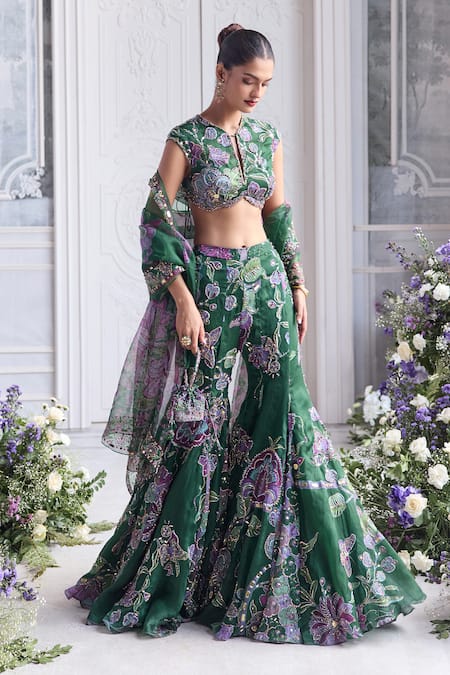 Shop_Mahima Mahajan_Green Silk Organza Sequins, Mirrors, Nora Floral Blouse And Sharara Set _Online_at_Aza_Fashions