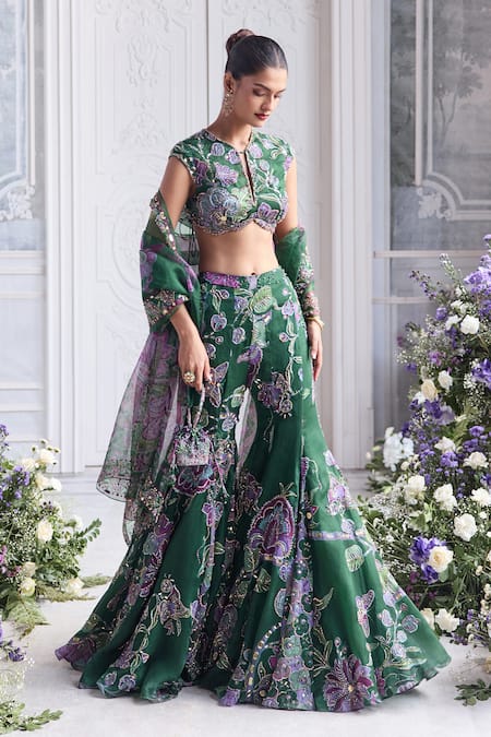 Mahima Mahajan_Green Silk Organza Sequins, Mirrors, Nora Floral Blouse And Sharara Set _at_Aza_Fashions