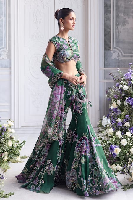 Buy_Mahima Mahajan_Green Silk Organza Sequins, Mirrors, Nora Floral Blouse And Sharara Set 