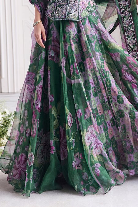 Mahima Mahajan_Green Silk Organza Sequins, Embroidery Esra Floral Printed Lehenga Set  _Online_at_Aza_Fashions