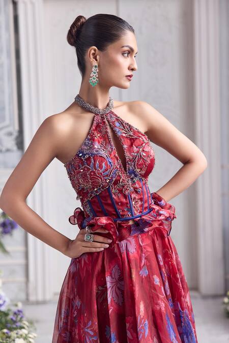 Mahima Mahajan_Red Silk Organza Beads, Sequins, Embroidery, Elsa Printed Corset Lehenga Set _Online_at_Aza_Fashions
